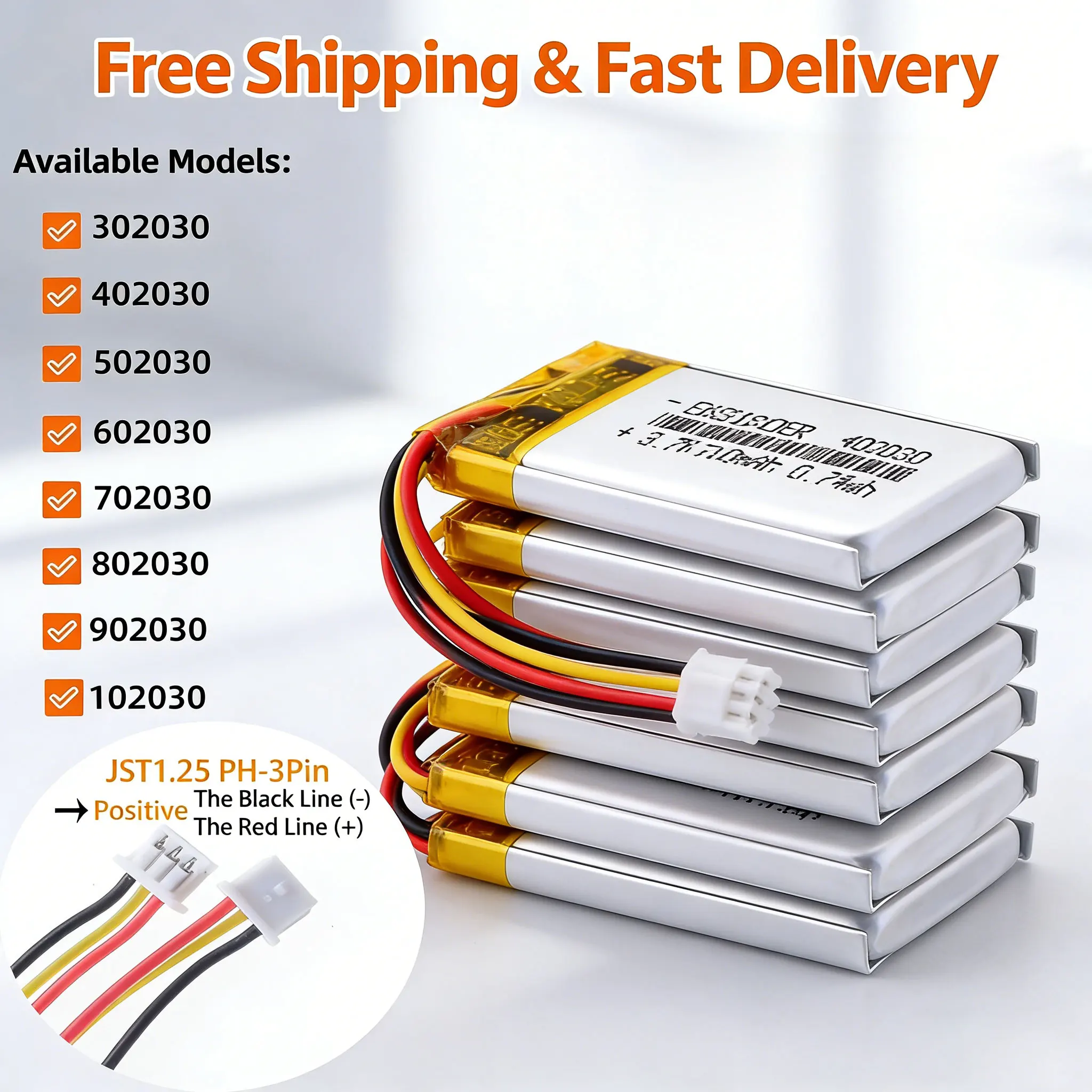 

1.25mm 3pin 3.7V 200mAh Li-Polymer Rechargeable Battery Multiple Models 302030 402030 502030 602030 702030 802030 902030 102030