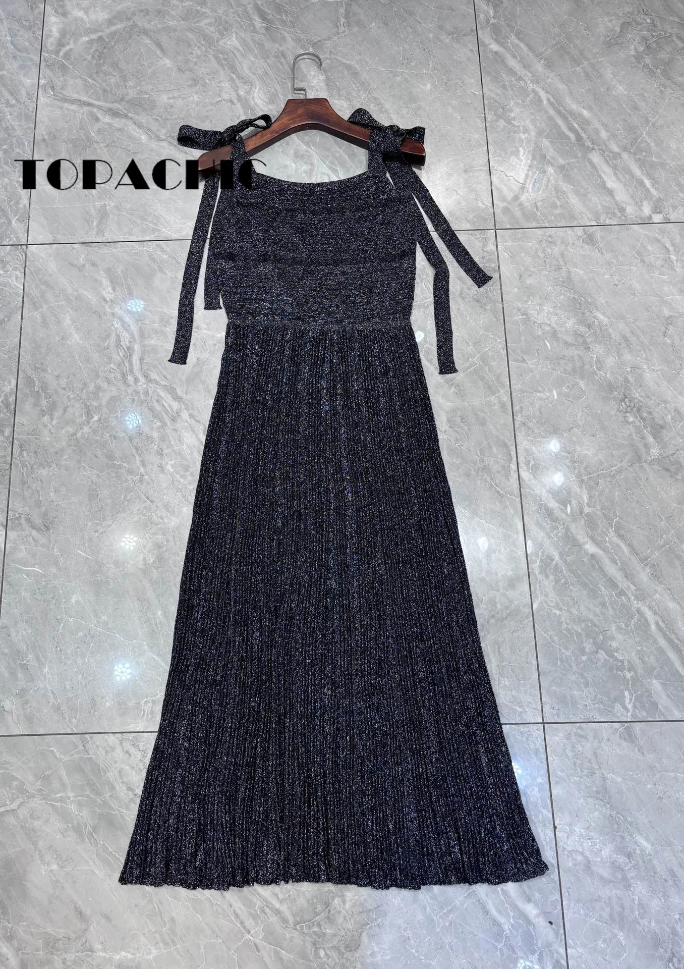 7.1 TOPACHIC Women Fashion Sexy Bowknot Suspender Knitted Dress Elegant Slash -Seck High Waist Pleated Midi Dress