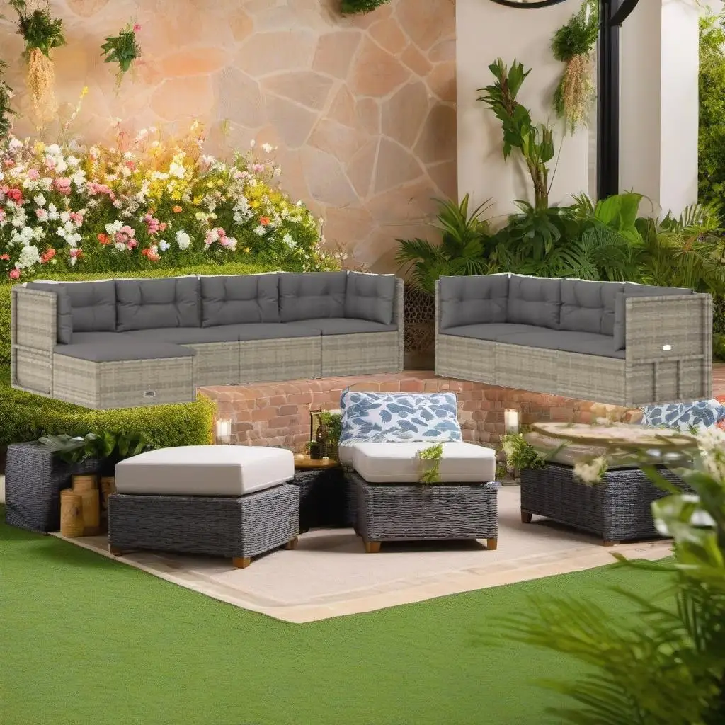 

8-Piece Gray Poly Rattan Patio Lounge Set with Cushions - Stylish Outdoor Furniture