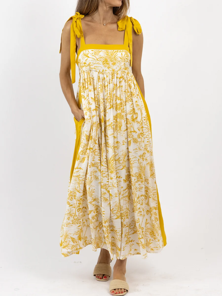 Dames Bloemen Maxi Jurk Mouwloze Stropdas Schouder Bohemian Flowy Gesmokt Jurken Casual Lente Zomer Zomerjurk