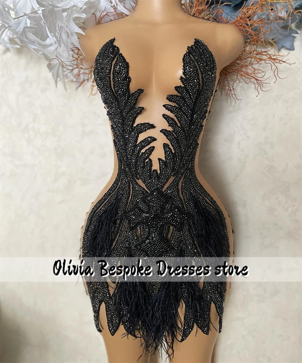 Elegant Black Feathers Prom Dresses 2024 Black Girls Beaded Rhinestones Mini Cocktail Homecoming Gowns Baddie Dress Customized