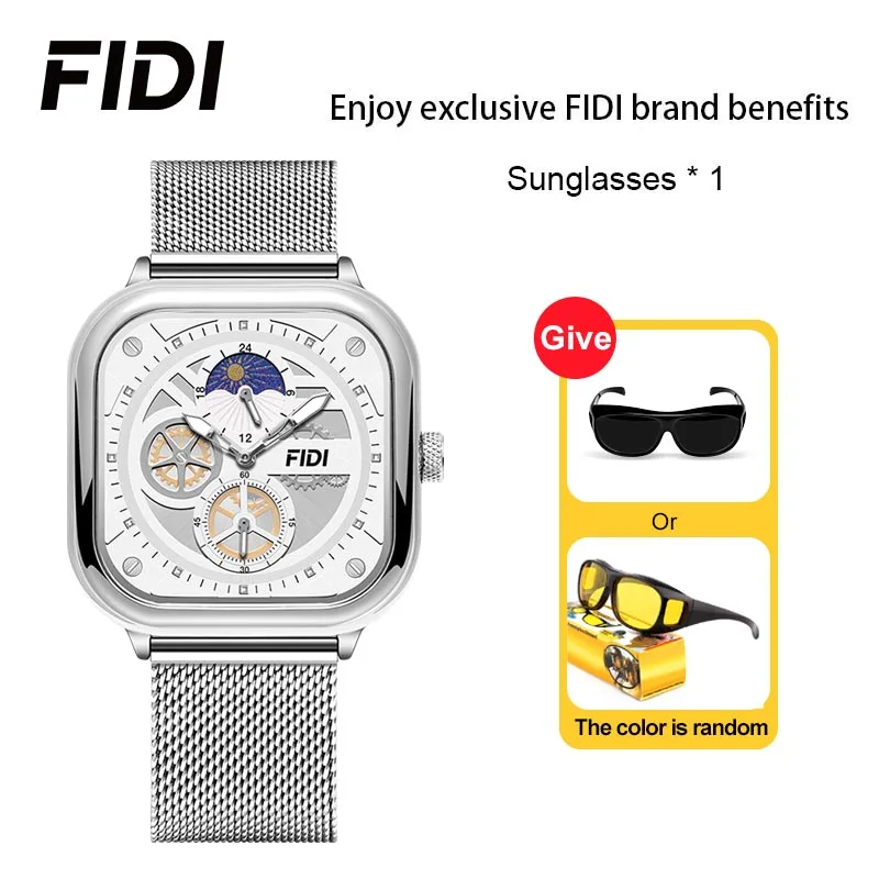 

FIDI Men's Square Watch with Luminous Dial Large Face Fashion Quartz Casual Wristwatch Unique Gift FD108