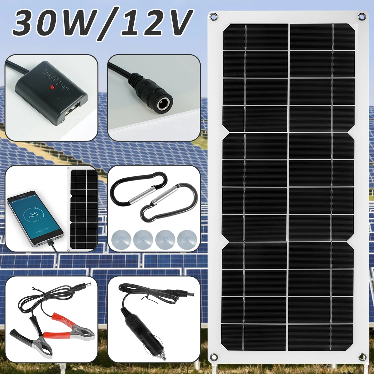 IP65Waterproof Solar Panel Kit 30W 12V Portable Solar Charger with USB Outdoor Battery Powered for Cars Motorcycles and Camping