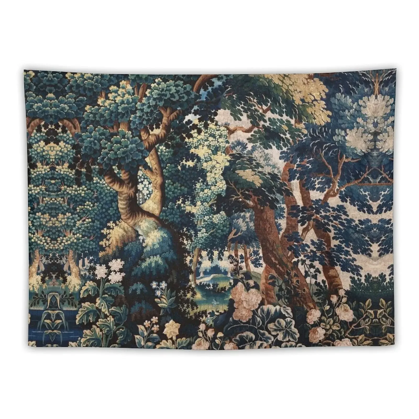 

GREENERY,TREES AND ROSES IN WOODLAND LANDSCAPE Blue Green Floral Tapestry Home Supplies Wall Coverings Tapestry