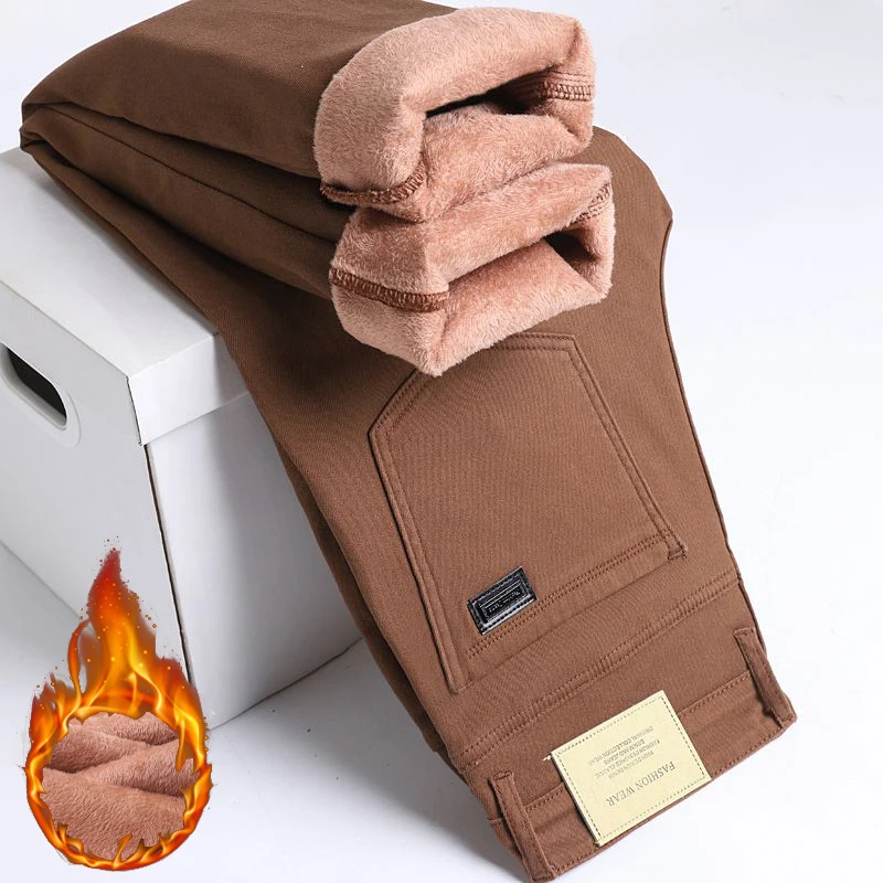 

Men High End Snow Warm Plush Jeans Male Casual Elasticity Loose Straight Denim Pants Comfortable Slim Fit Army Green Trousers