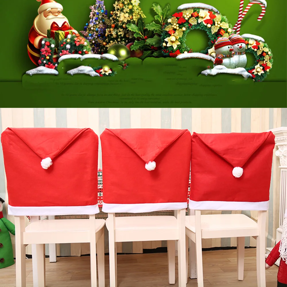 

8pcs Christmas Chair Covers Red Santa Hat Non-woven Chair Back Cover Table Decoration Xmas Dining Restaurant Home Party Decor