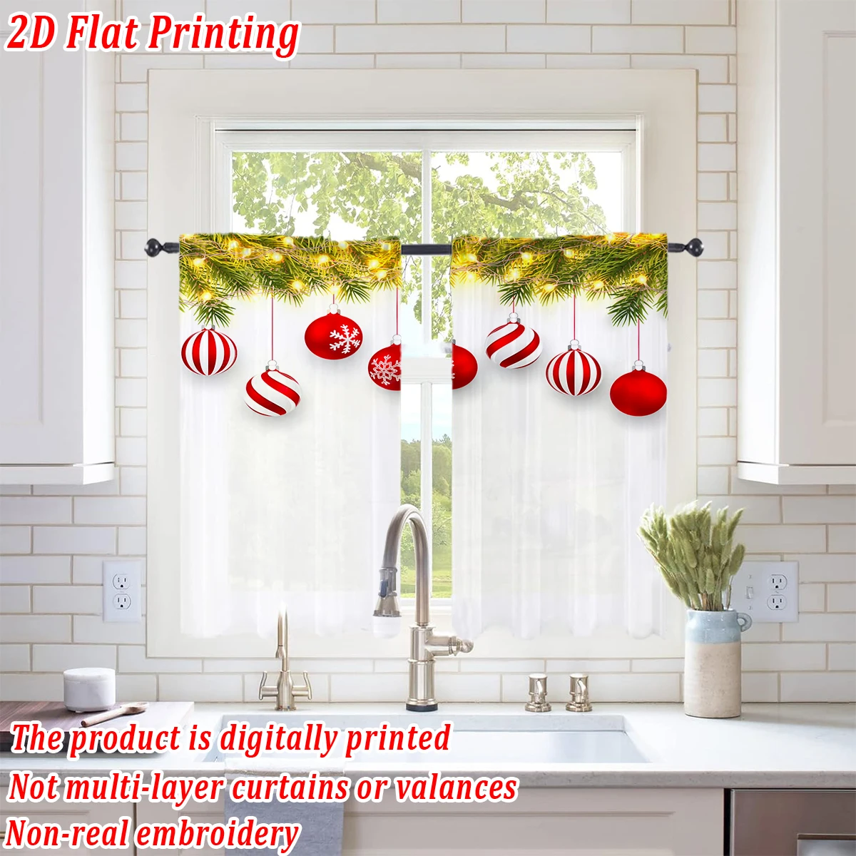 Christmas Flat Printing Kitchen Sheer Curtain with Christmas Ball Snowflake Pine Branch For Christmas Home Decor  Party