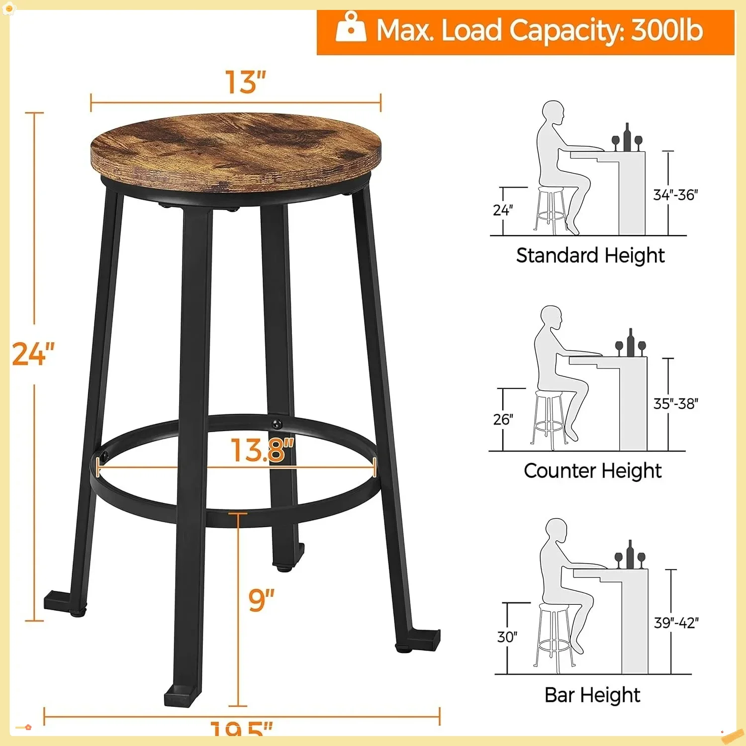 Industrial Bar Stools Set of 2, 24 Inch Backless Counter Height Stools with Metal Legs for Kitchen Island, Bar, Cafe