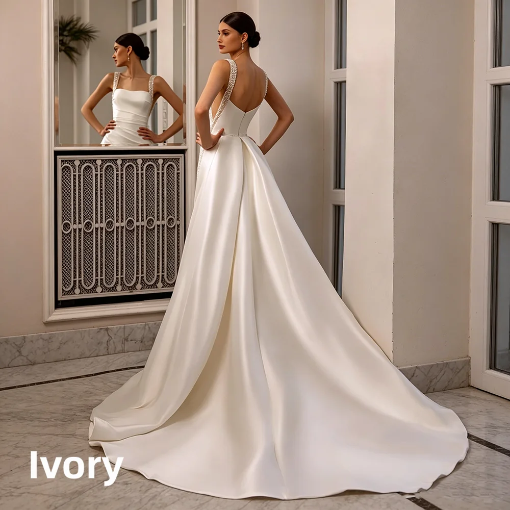 Satin Mermaid Wedding Dress Beaded Strap Square Neck V Back Detachable Overskirt Bridal Gown For Wedding Elopement Shoot 2026