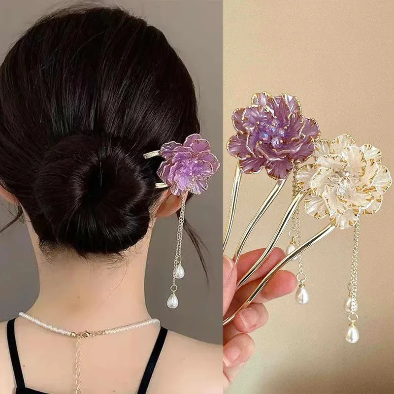 

New Fashion Simple Flower Hair Sticks Pearl Hairpins Vintage Hair Clips Barrettes Bun Holder Women Hair Accessories Female