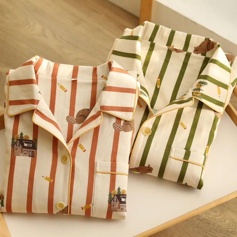 

2025 New Spring Autumn Couple Pajamas Set Simple Striped 100% Cotton Double-Layer Gauze Long-Sleeved Pants 2PCS Loungewear