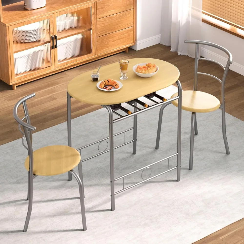 3 Piece Small Round Dining Table Set for Kitchen Breakfast Nook, Wood Grain Tabletop with Wine Storage Rack, Save Space, 31.5