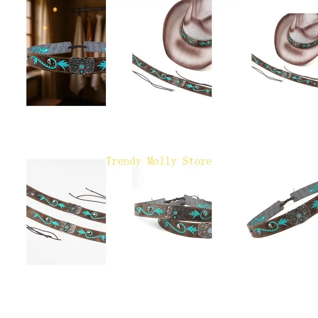

N5KB Durability PU Leather Hat Band Versatiles Embroidered Headwear Strap Western