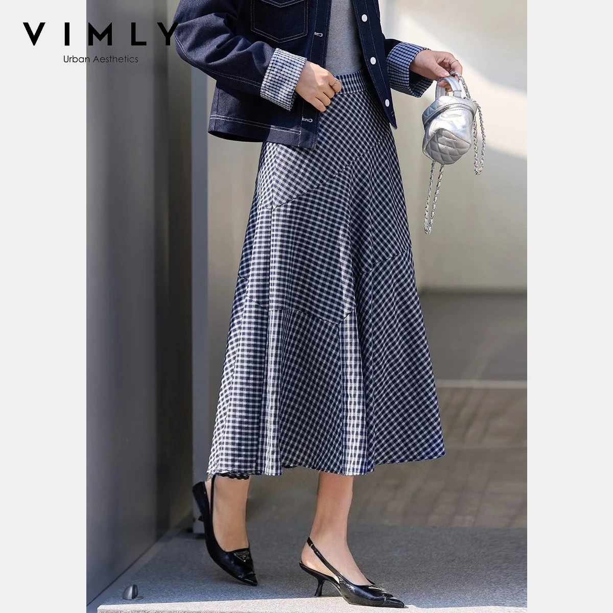 

VIMLY Women's Navy Plaid Midi Skirt 2026 Spring New French Style Asymmetrical Hem A-Line Loose Casual Long Skirt for Women A3931