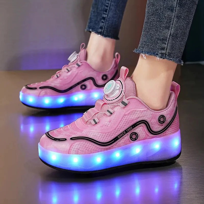 

New Kids Swivel Buckle Roller Skates Wings Shoes Children Four Wheels Luminous Sneakers Boys Girls Led Light USB Charging Shoes