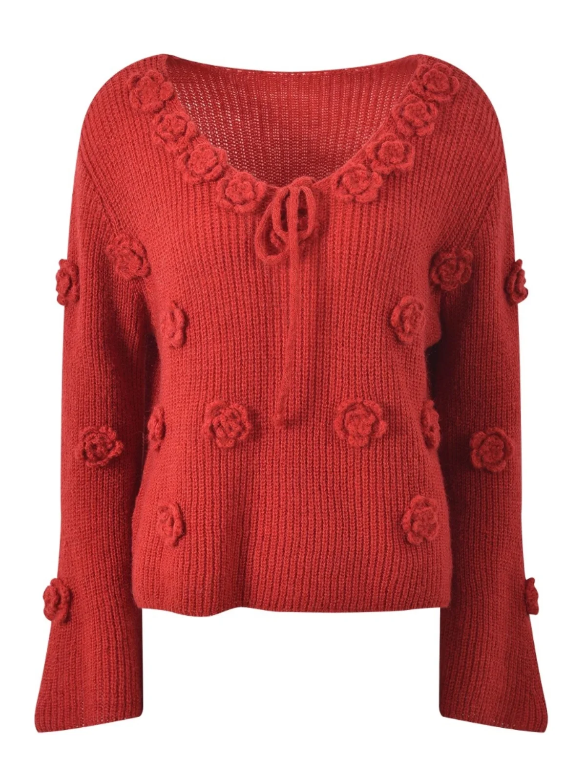 

Весенний 2025: Новый свободный вязаный свитер с V-образным вырезом для женщин, милый, в красном цвете, с 3D-цветочным узором, в стиле «ленивый шик»