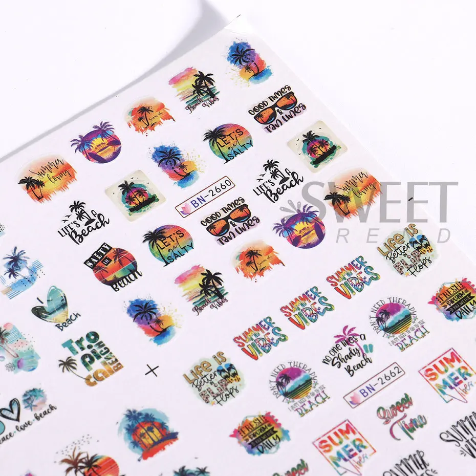 12pcs Coconut Summer Nail Water Stickers Sliders Cartoon Cactus Watermelon Palm Tree Sunset Letter Fruit Manicure Accessories