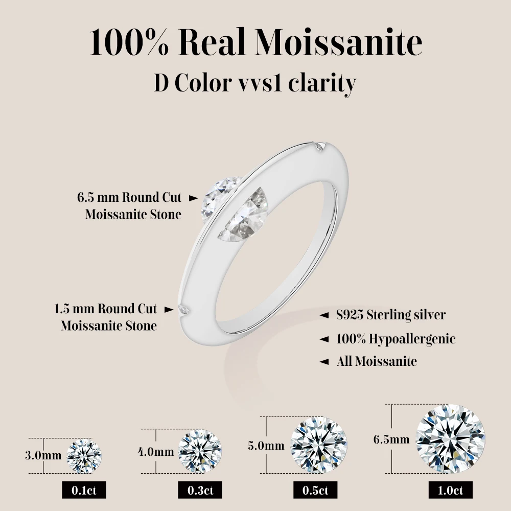 ATTAGEMS 360° Rotatable Moissanite Ring for Women Round Cut 1.0 CT D VVS1 s925 Silver Band Anxiety Rings Engagement Fine Jewelry