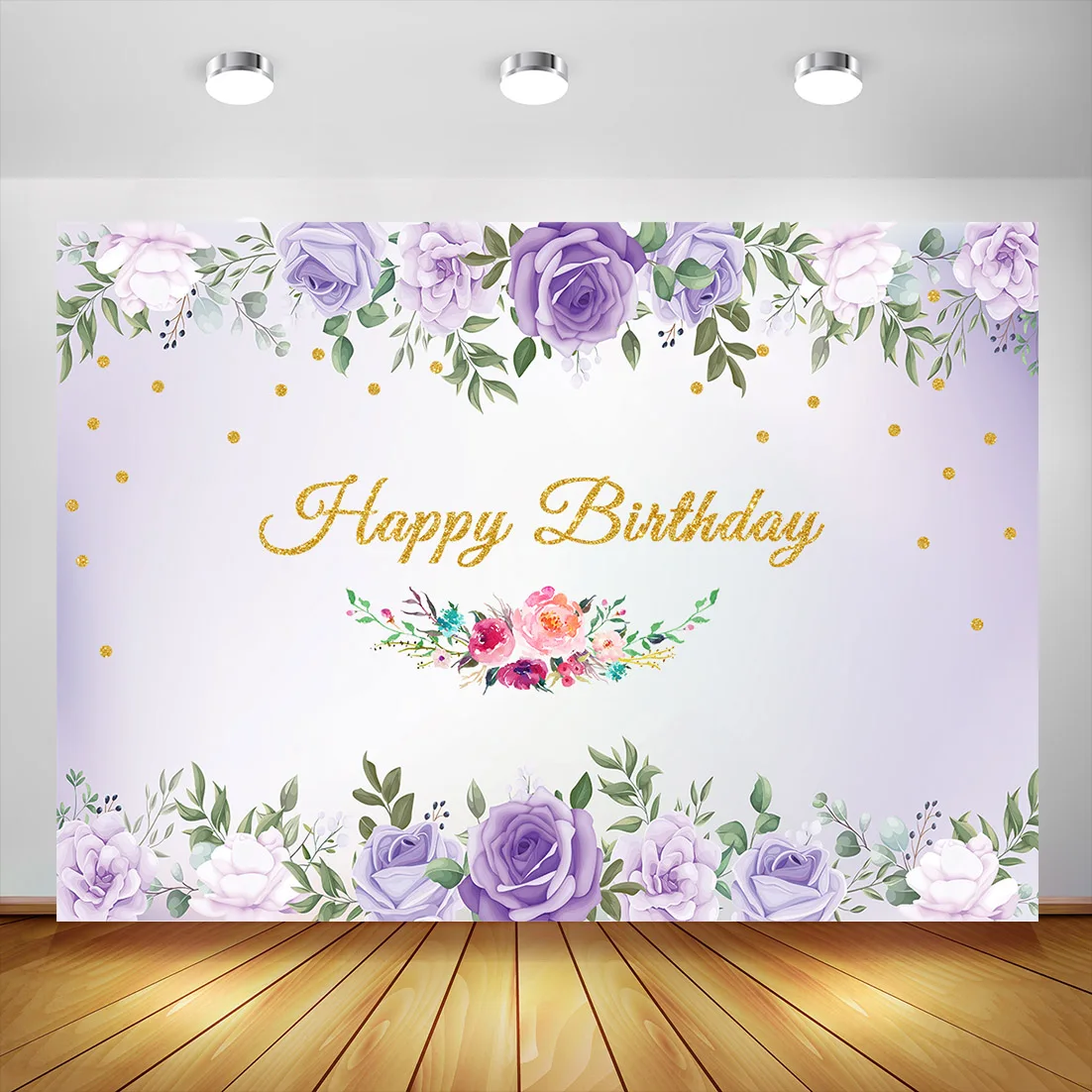 

Purple Flowers Leaves Birthday Party Banner Photography Backdrop Custom DIY Golden Name Backgrounds Photo Studio Children Baby