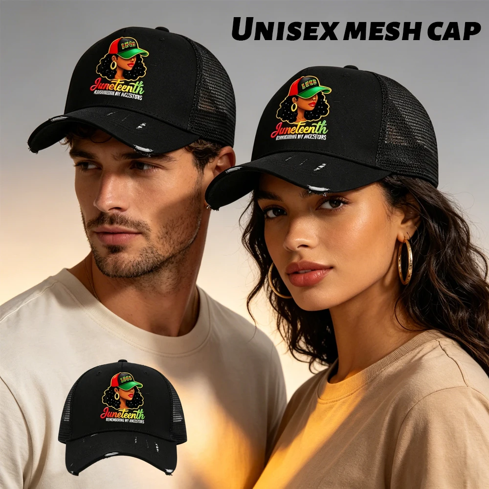 Unisex Adjustable Tear Style Baseball Cap With 'June Teenth' Logo Pattern Print Design, Breathable Mesh, Suitable For Outdoor