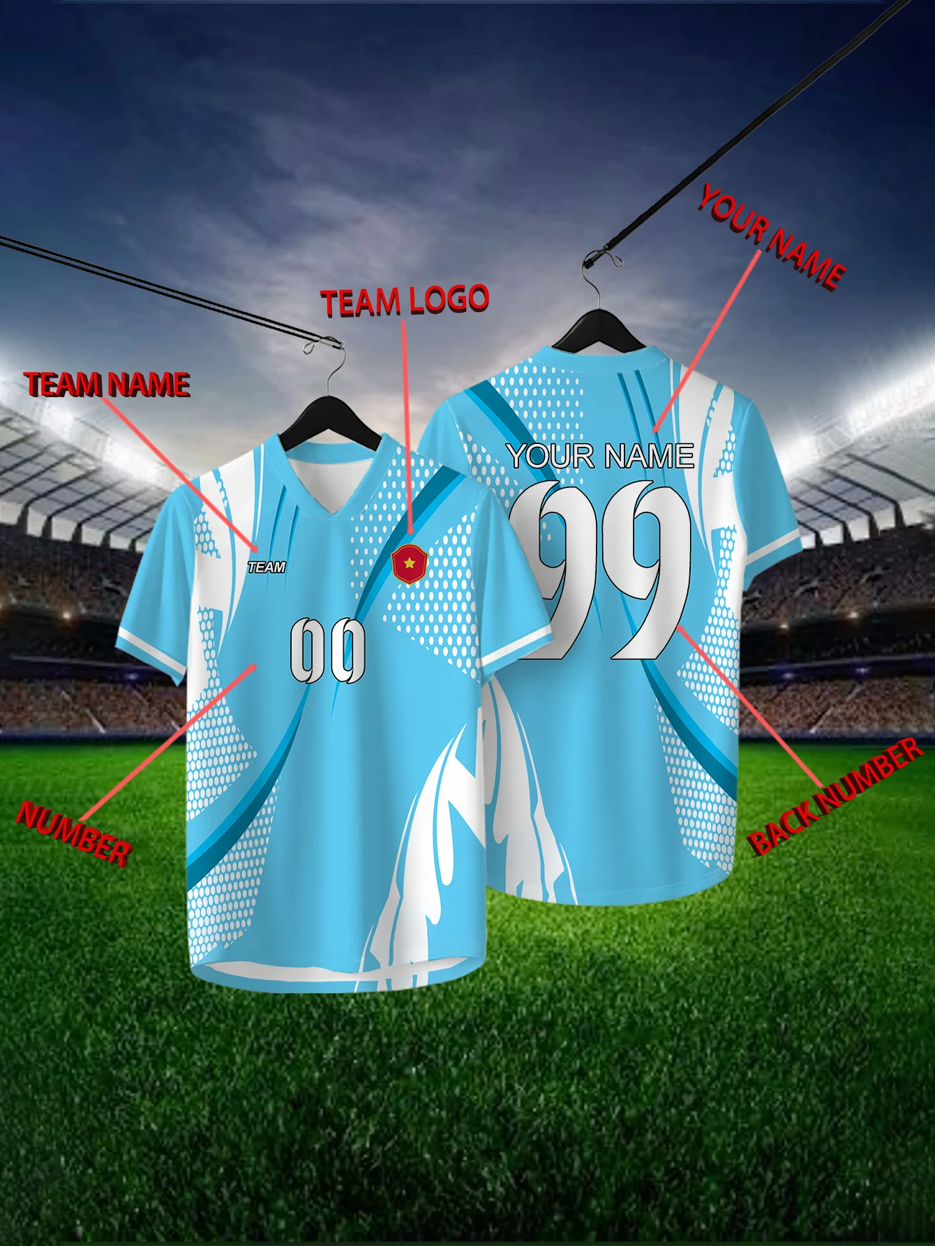 

Customized Geometric Blue Short Sleeved Shirt with Team Name, Emblem, Name and Number, Outdoor Sports Short Sleeved T-shirt
