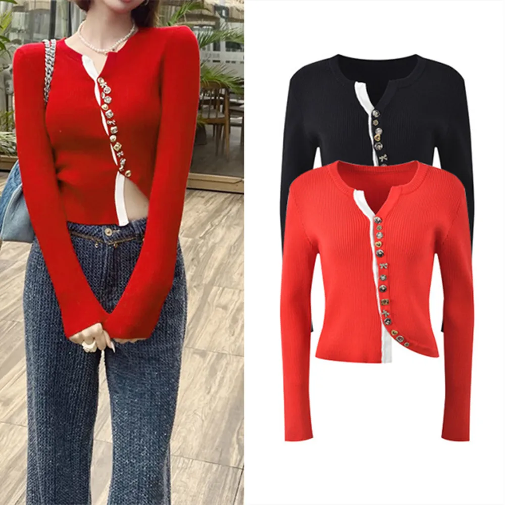 

Высококачественный красный асимметричный приталенный трикотаж в стиле ретро Sle Spicy Girl, искусственный двухсекционный кардиган или открытая рубашка, женская мода