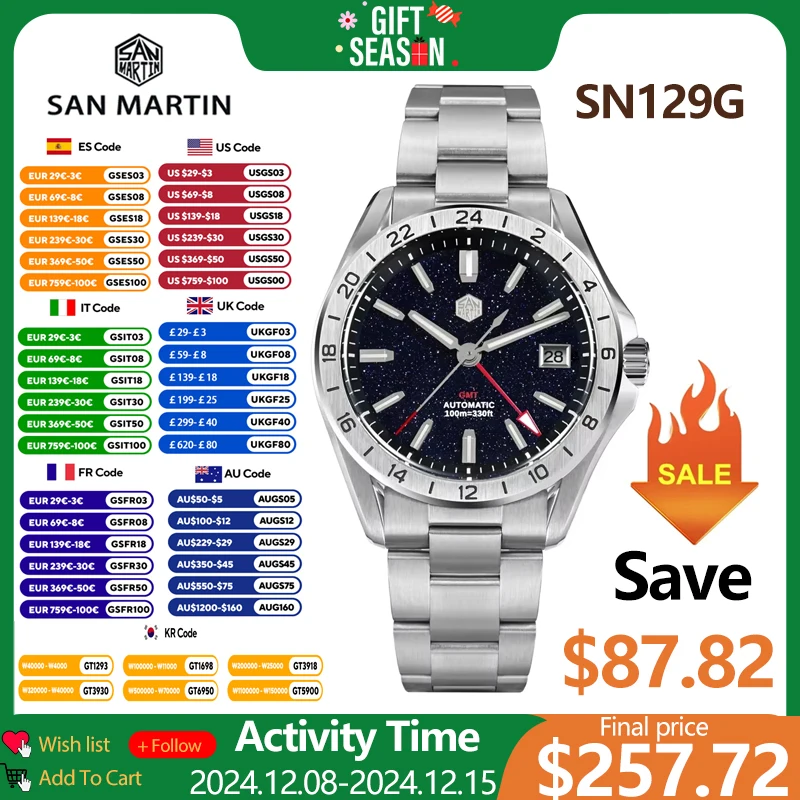 San Martin SN0129 39mm GMT Men Watch Aventurine Gemstone Dial NH34 Automatic Mechanical Sapphire Waterproof Luminous Watches