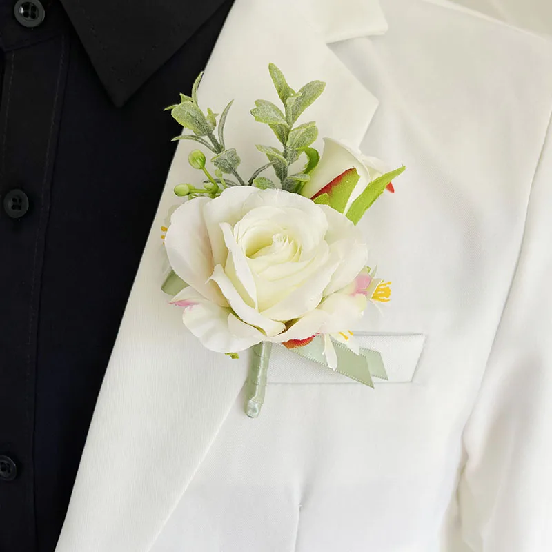 

Groom Boutonniere Corsage Wedding Accessories Bracelet Bridesmaids Silk Roses Artificial Buttonhole Flowers Marriage Suit Party