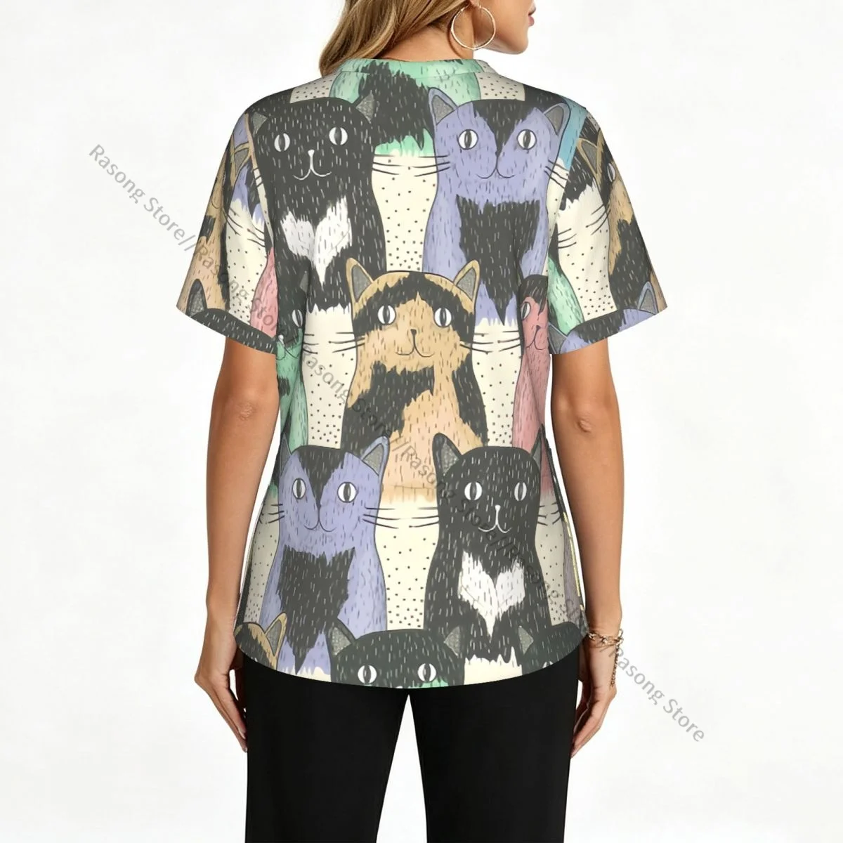Women's Scrub Tops Short Sleeve Workwear Shirts V Neck Fitness Nursing Uniform Cute Cats Pullover Spa Doctor Nursing Shirt