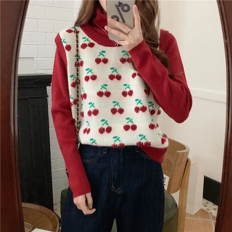 Sweater Vests Women Fashion Sweet O-neck Cherry Knitwear Korea Style Loose All-match Harajuku Kawaii Spring New Ootd Ulzzang