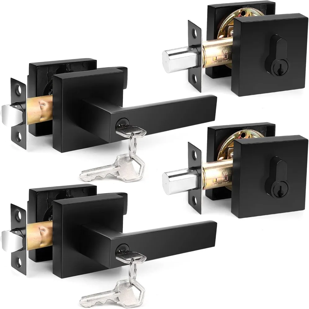

Probrico Square Entry Levers and Single Cylinder Deadbolts Combo Pack, Flat Black Keyed Alike Heavy Duty Keyed Entry Handles