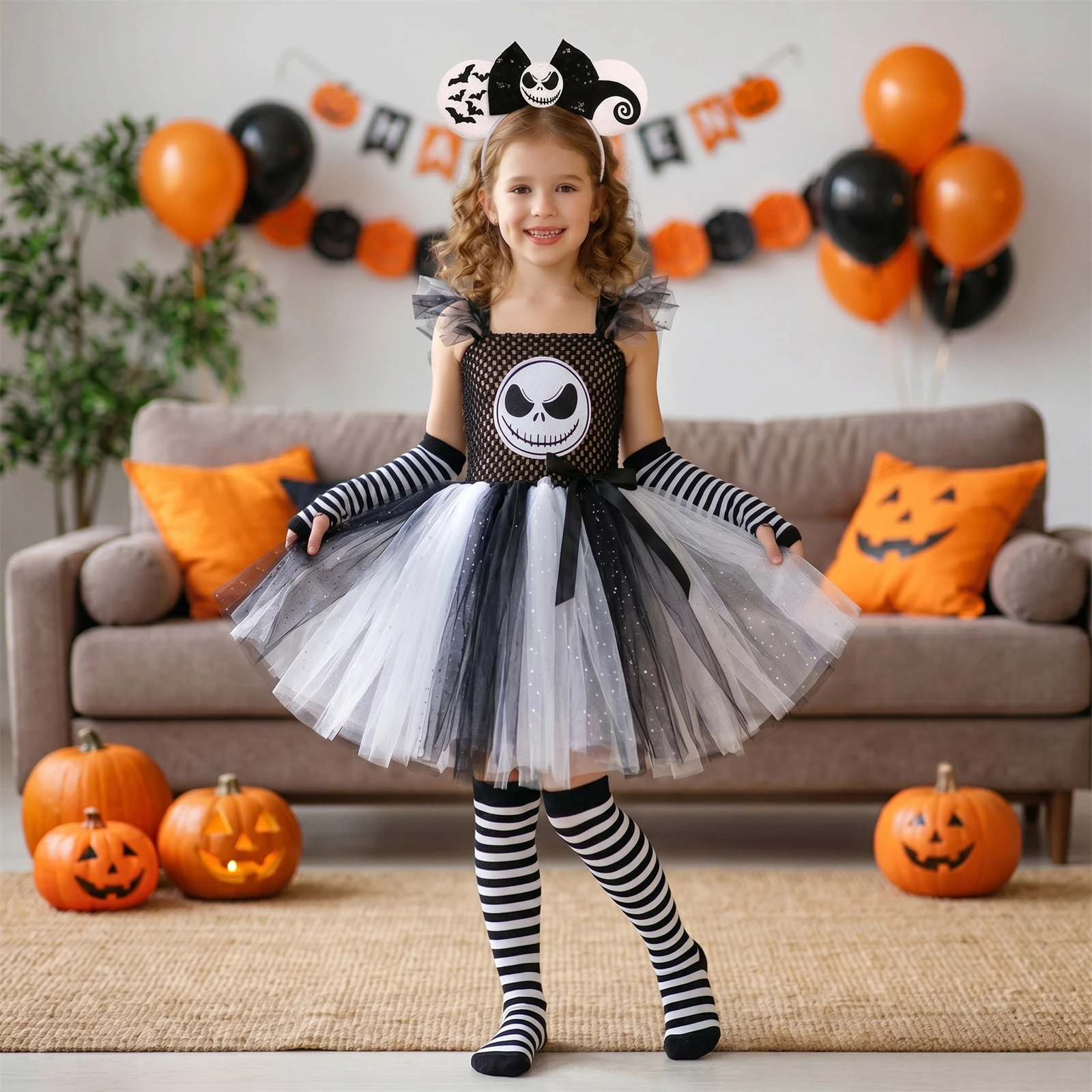 

Girls Black White Glitter Tulle Skull Tutu Dress Set with Bat Headband Striped Arm Warmers Socks Kids Halloween Cosplay Costume