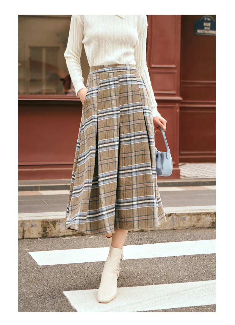 OLrain Women's Plaid Pleated Skirts 2025 Spring French Style A-line Vintage Spliced Wool Blend High-waist Midi Skirt O23DB89110