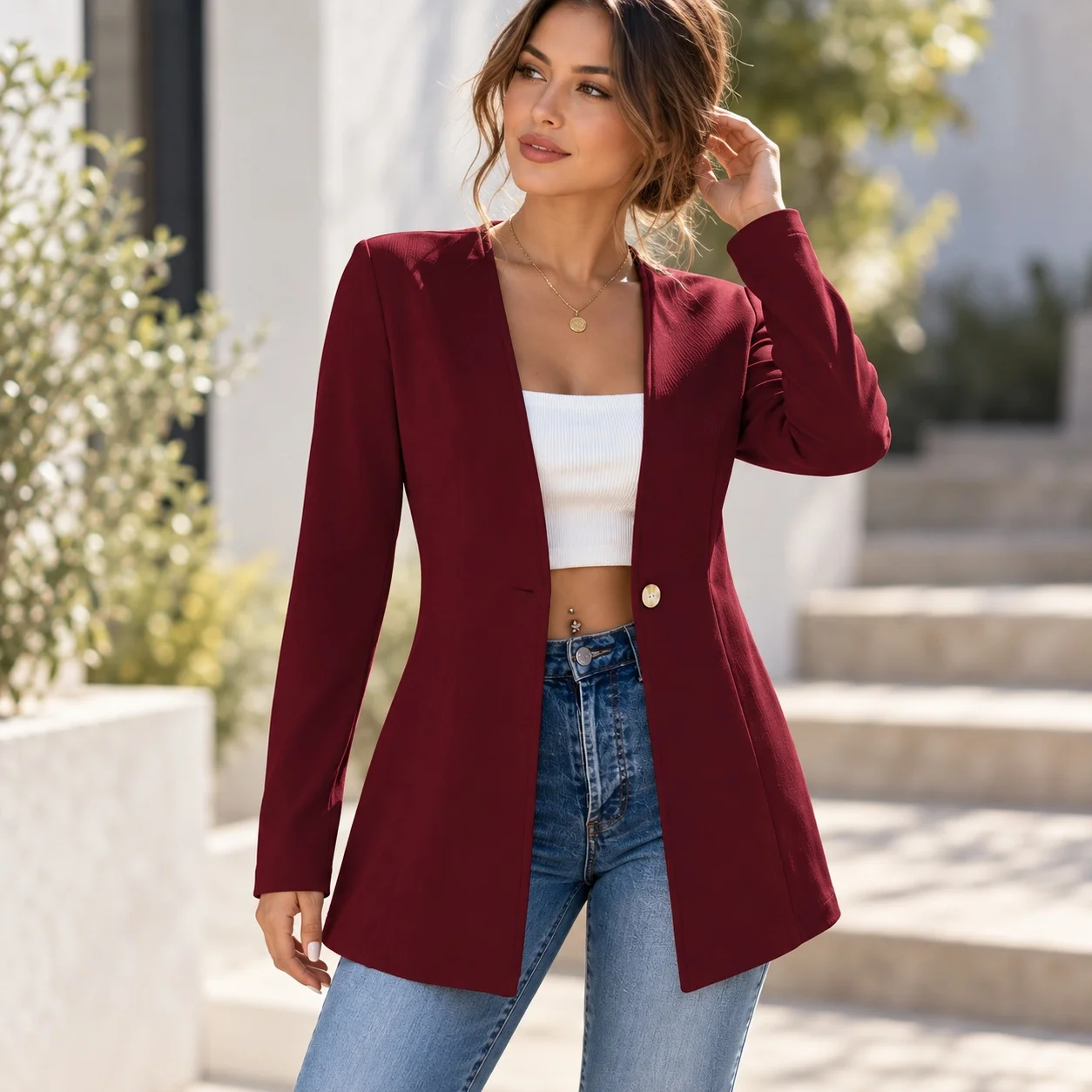Long Sleeve No Hood Suit Mid Length Regular Fit Japanese Korean Casual with V Neck Single Button Closure Spring Women Suit