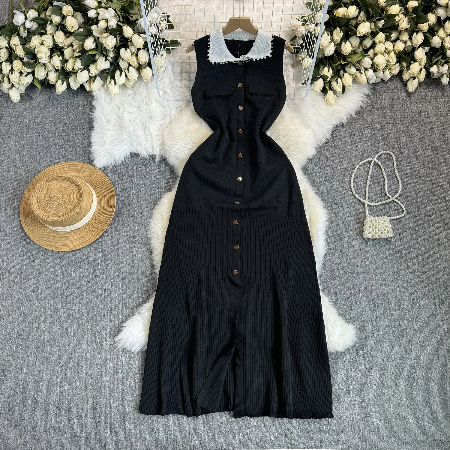 

Mid Length Dress Women Dresses High Waist Vestidos Knitted Sleeveless Bodycon Single Breasted Splice Y2k Party Club Night 2025