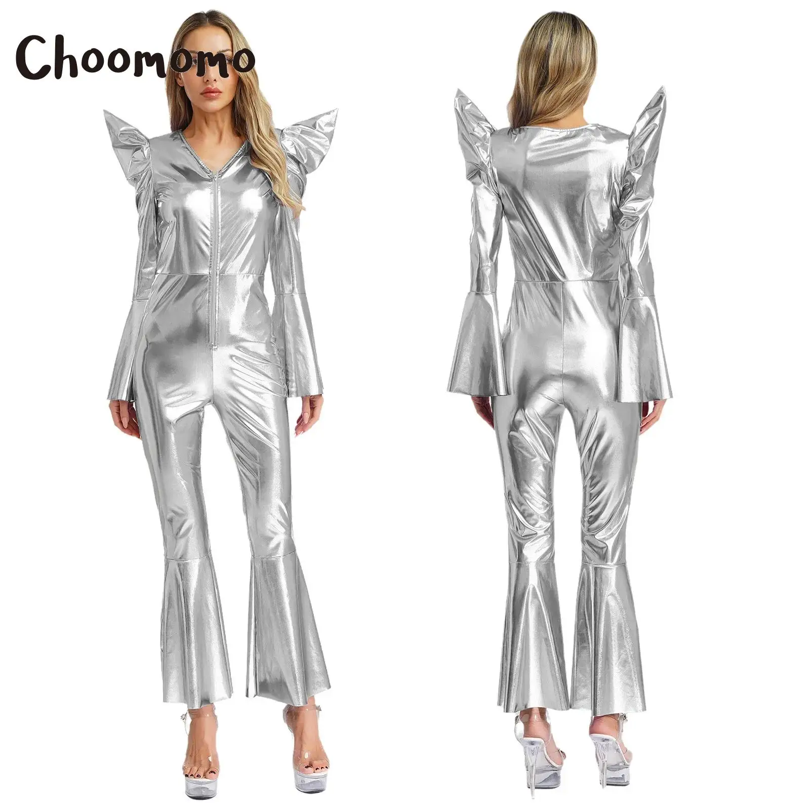 

Women Disco Dance Costume Shiny Metallic Jumpsuit High Waist Bell Bottom Hippie Cosplay Romper Halloween Carnival Fancy Dress Up