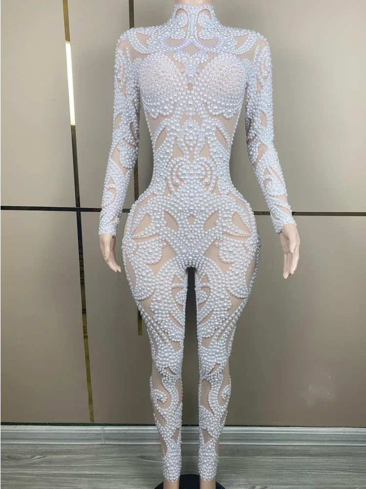 Transparent Mesh Outfit Christmas Party Dance Show Stage Performance Costume Luxury White Pearls Long Sleeves Women Bodysuit