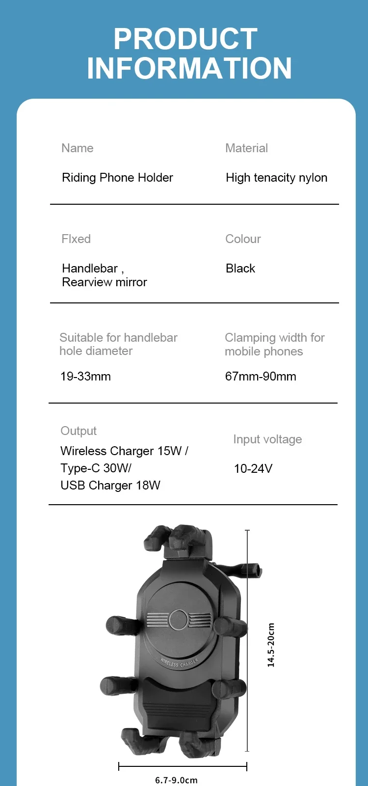 Stoßfester Motorrad-Telefonhalter, 15 W kabelloses Ladegerät und 18 W USB 30 W Typ C, schnelles Aufladen, Motorrad-Fahrrad-Roller-Ständer – Detail 11