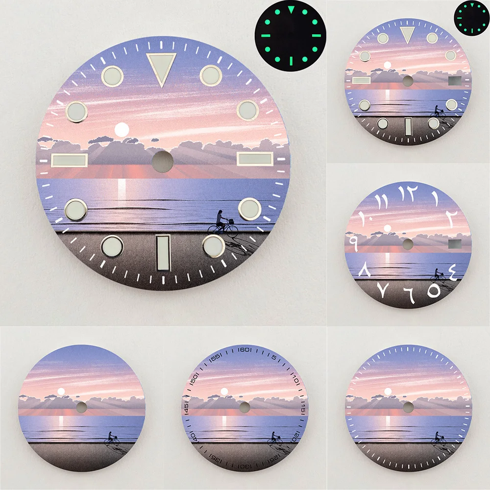 28.5mm NH35 Dial Sunset Beach Cycling Scenery Dial Green Luminous Dial Color NH36 Dial Watch Accessories Fits NH35/NH36 Movement