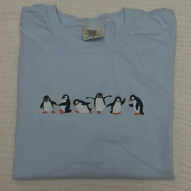 

Adorable Penguin Embroidered Casual T Shirt for Women Men Soft Comfortable Daily Wear Top Fashion Trendy Loose Fit Crew Neck Tee