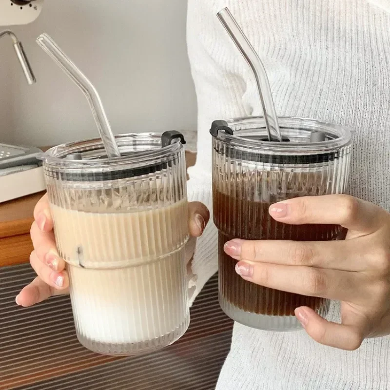 450ml Transparent Tea Cup Vertical Stripe Ins Coffee Glass with Lid Straw Water Cup High-value Ice American Latte Milk Cup