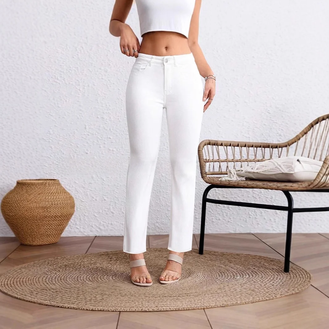 

High Waist Straight Leg White Jeans Women's plus Size Nine-Tenths Length Pure White Denim Pants Summer 2025 mid Stretch