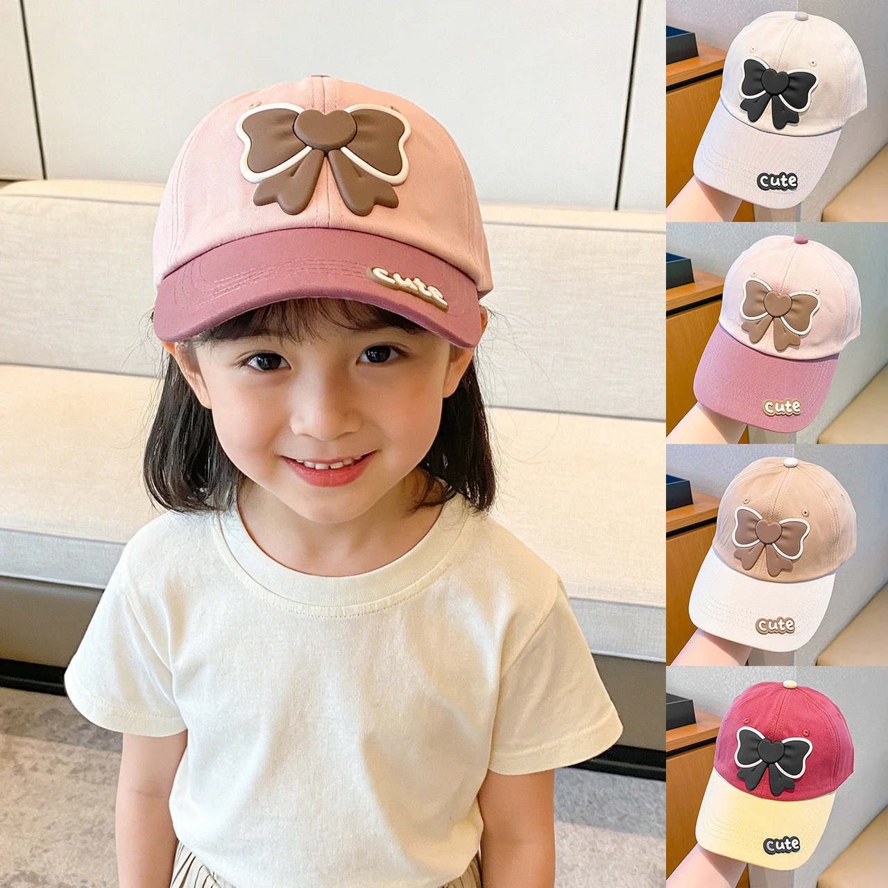 

Sweet Bowknot Baseball Hat Kids Girl Duck Tongue Hats Fashion Two-tone Peaked Cap Children Sunshade Duckbill Caps 3-12Year Baby