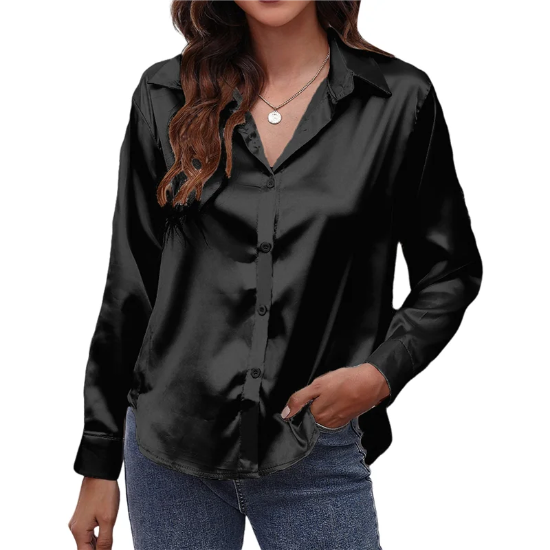 ASDS-Dames Satijn Button Down V-hals Lange Mouw Tops Zomer Zijden Blouses Mode Lente Shirt 2025