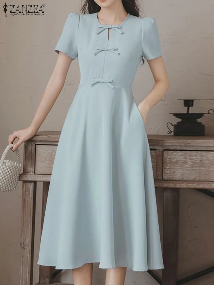 

ZANZEA Elegant Office Lady Dress Women Short Sleeve Sundress 2025 Summer Vestidos Casual Bow Pockest Solid Party Midi Robe Femme
