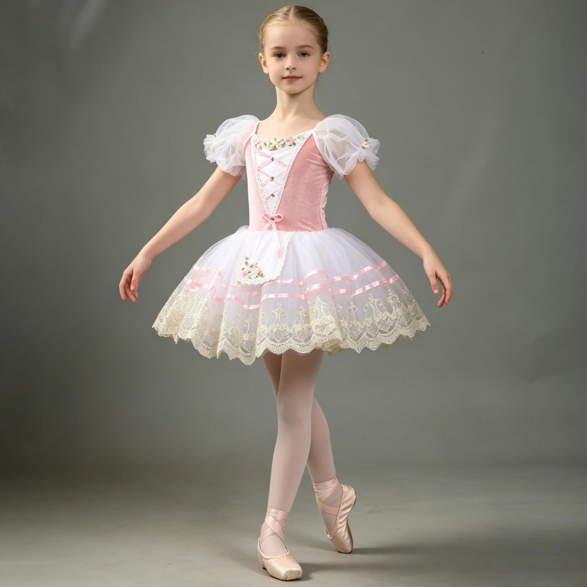 

Professional Ballet Dress Flower Embroidery Bowknot Puff Sleeve Ballerina Performance accessories Children Girl Ballet Clothes