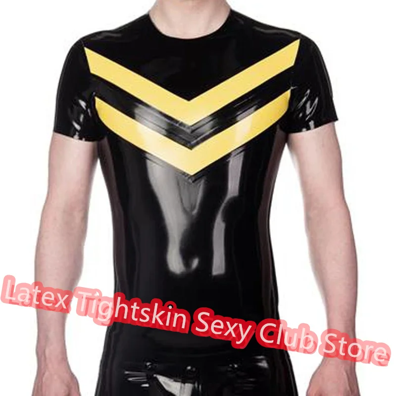 

Handmade Latex Men Sleeveless Shirt Man Sexy Tops Rubber Tank Vest with Yellow Trim Cosplay Costume