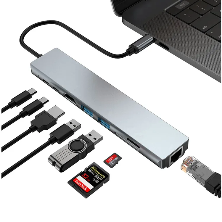 5PCS 8-in-1 Type-C Multi-Port Docking Station Hub Dengan USB 3.0 SD HDTV USB3.0 PD TF RJ45 Untuk Macbook Resolusi 4k Adaptor Stok
