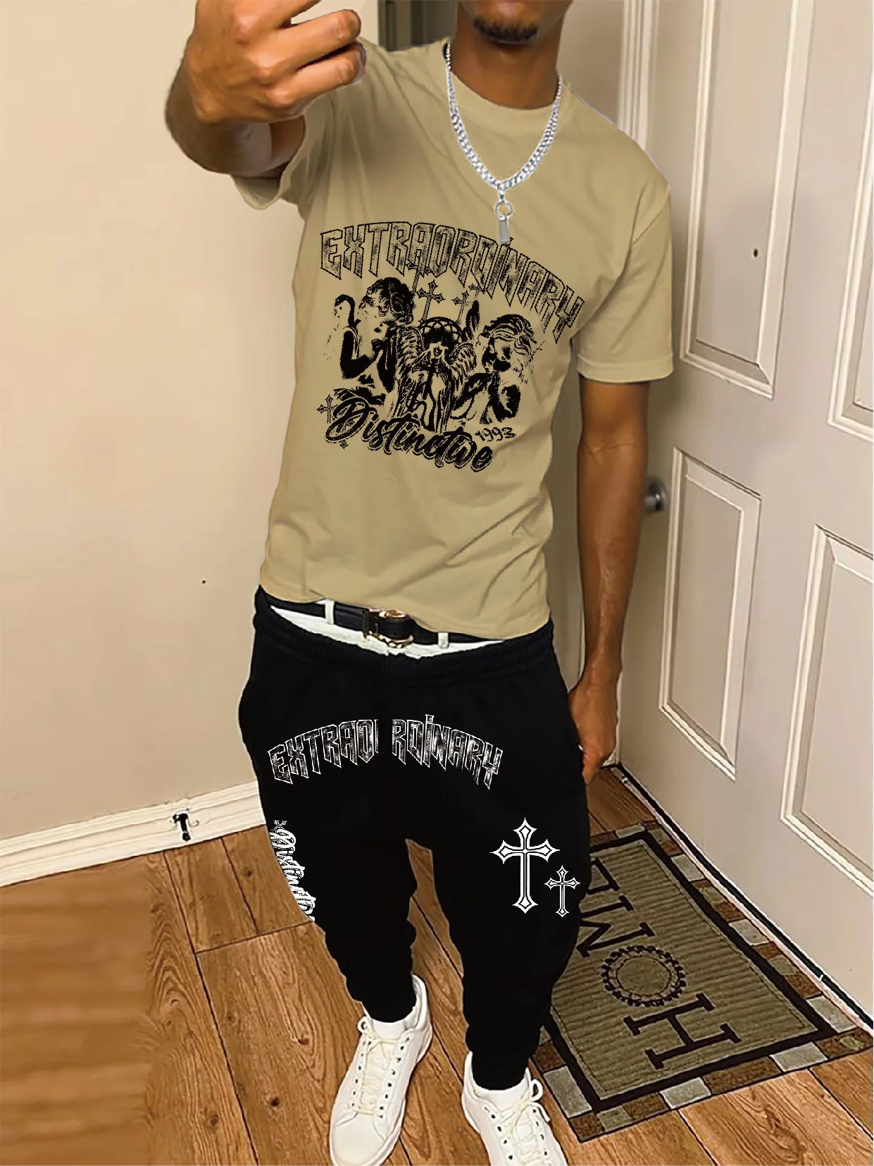 Short-sleeved trousers suit, white, trendy anime print "Extravagant" for casual travel