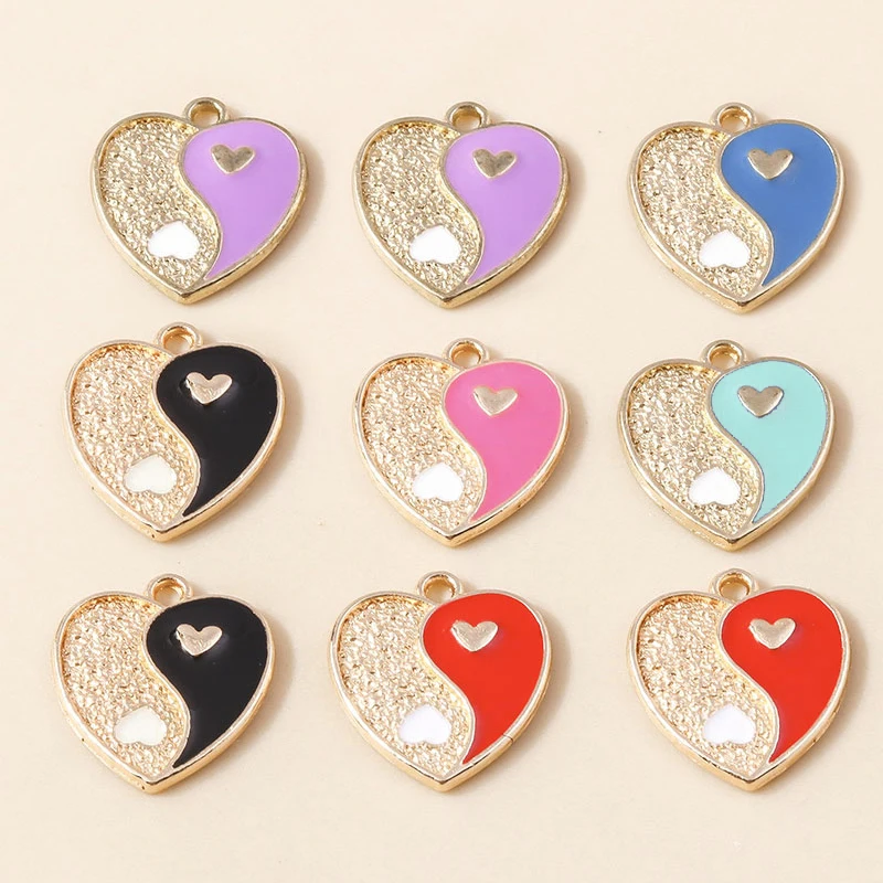 Leslie 10pcs Colorful Drip Oil Yin Yang Charms Kong fuTai Chi Heart Pendants for Necklace Bracelet Making Jewelry Findings